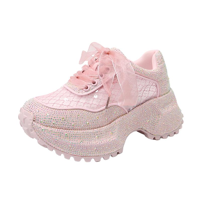 

Модная женская обувь с блестящими стразами, летние дышащие сетчатые повседневные кроссовки, женская спортивная обувь на платформе, роскошная обувь zapatos mujer 38 розовый