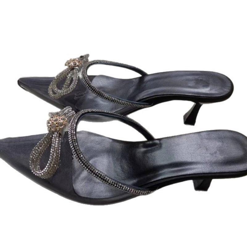 Thin-heeled Mid-heeled Mid-toe Semi-female Rhinestone Pointed-toe Shoes High-heeled Flip-flops