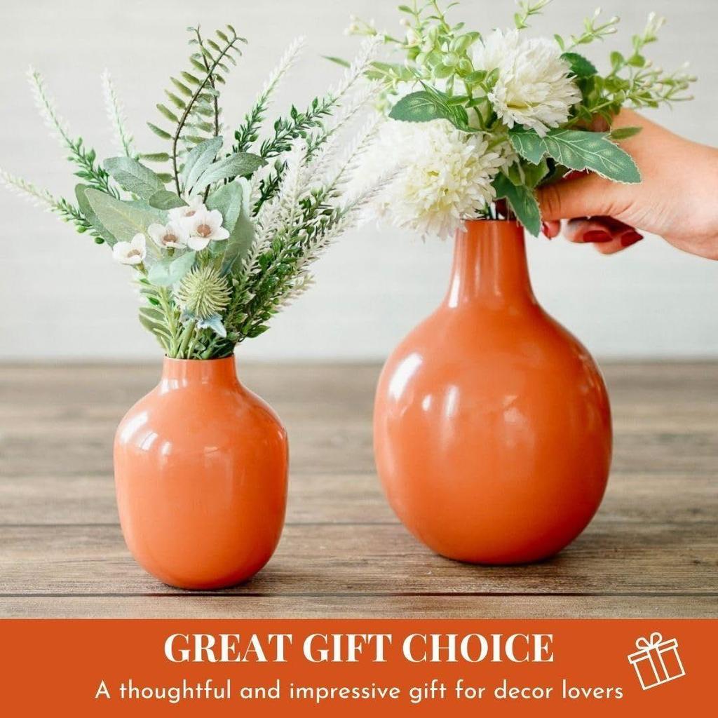 Orange Metal Flower Vase for Home Decor| Decoration Item for Living Room Office| Table Decorative Flower Pot for Gifting | (Pack of 2, Orange)