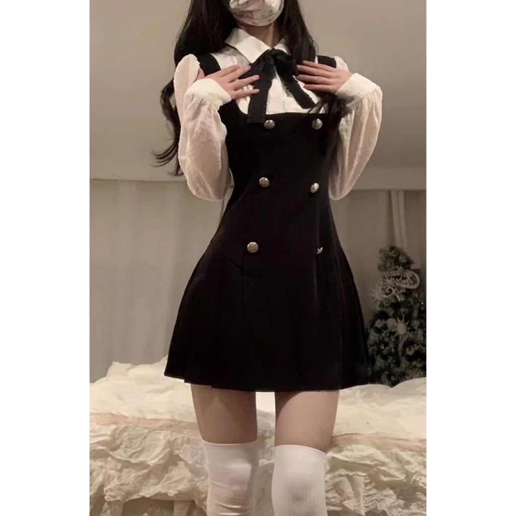 Spring and autumn new female rich daughter waist thin French strap fake two-piece dress children