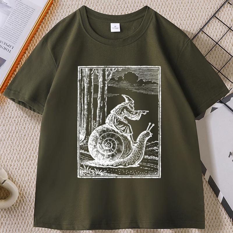 Medieval Snail Rider Graphic T-Shirt Vintage 90s Fantasy Tee Cotton Short Sleeve Round Neck Printed Tshirts Casual Printed Tees