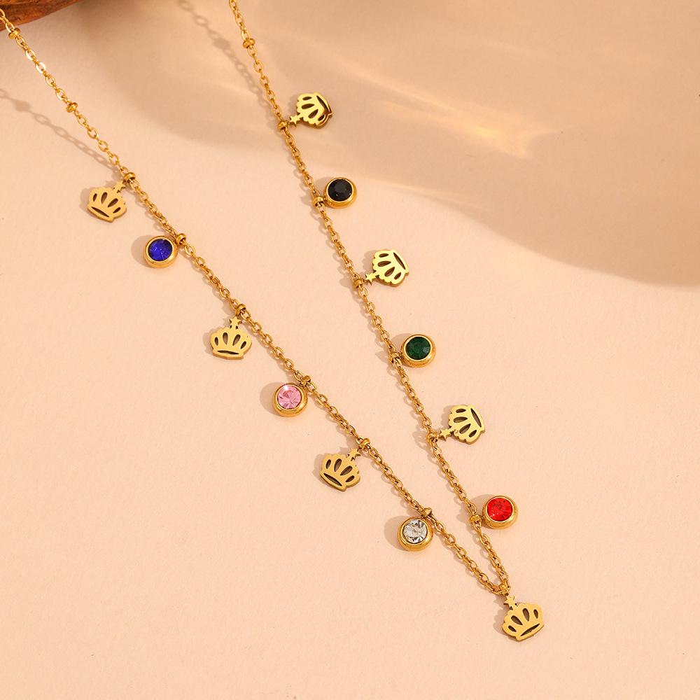 European Style Stainless Steel Crown Cross Necklace with Colorful Diamond Pendants for Women