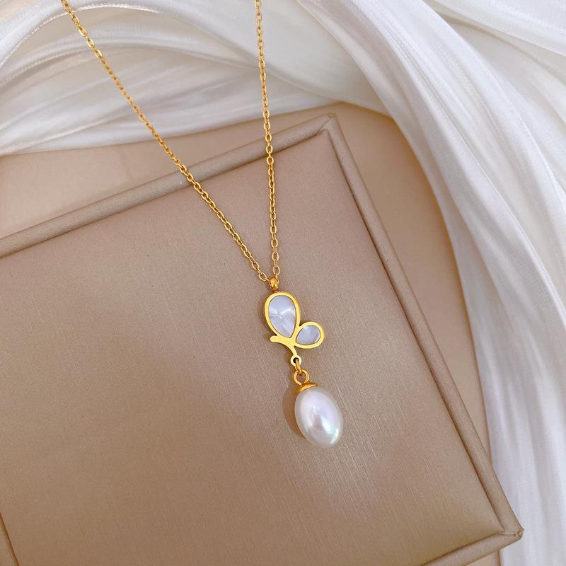Butterfly Pearl Shell Temperament Personality Minimalist Wind Stove Real Gold Female Collarbone Necklace