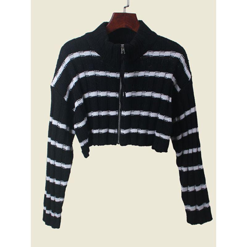 Export Contrast Color Stripes Zipper Short Cardigan Fall and Winter Long Sleeve Color Matching Knitting Sweater Female New Coat