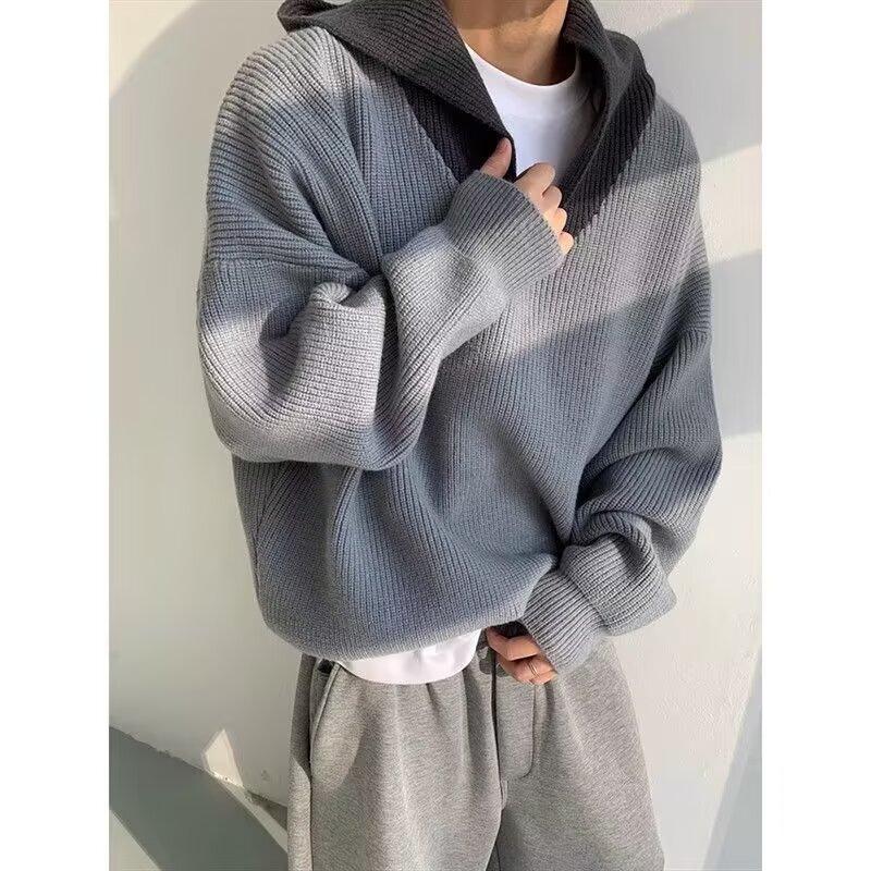 Men s Korean Style Retro Color Block Hooded Sweater - Autumn/Winter Loose Fit Knitwear L