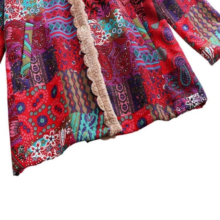 Vintage Women Wind Coat Winter Warm Plush Hooded Cotton Linen Printed Medium Length Coat