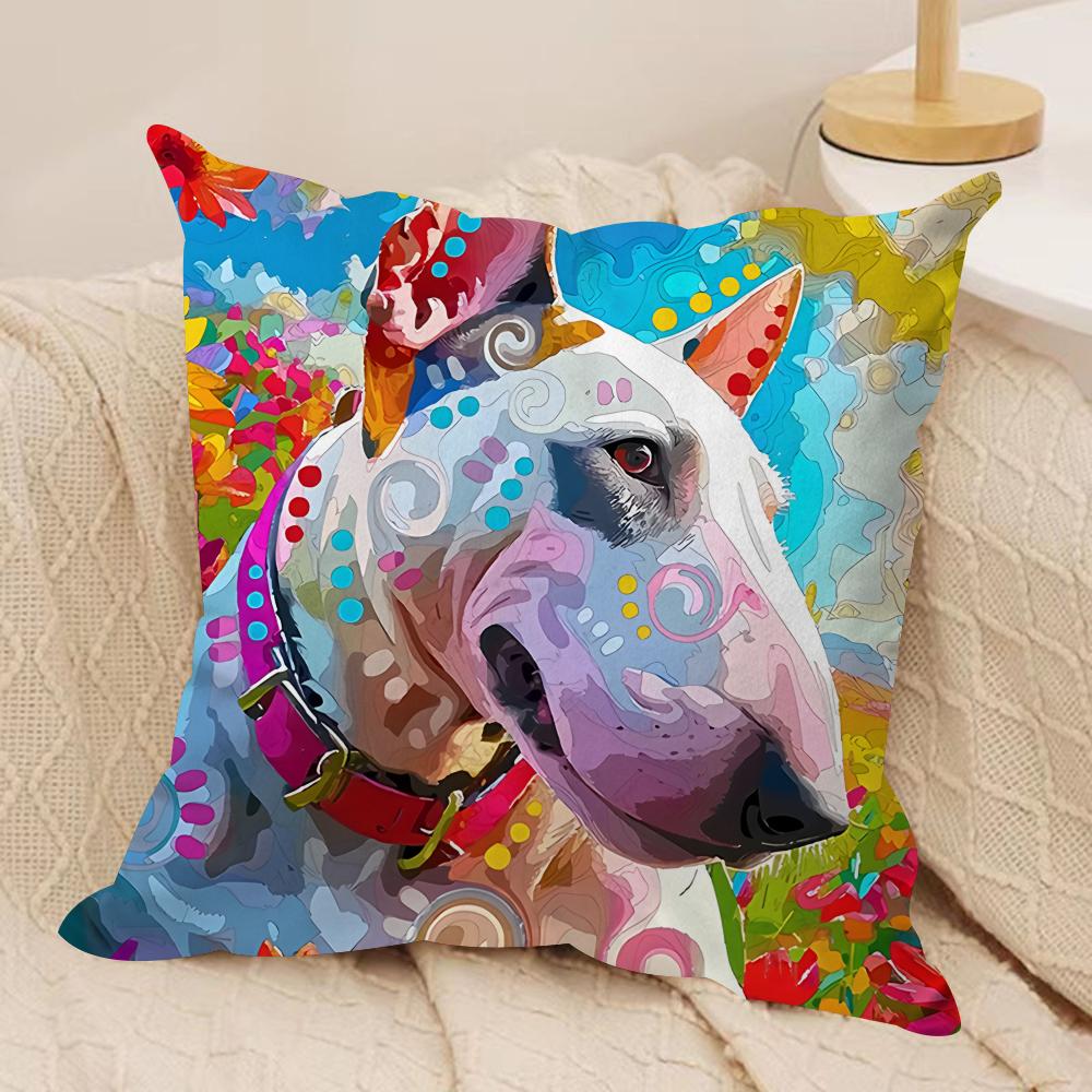 Cartoon Bull Terrier Series Cushion Cover Silky Short Plush Invisible Zipper Dustproof Sofa Pillow Case For Home Decor