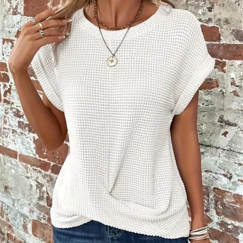 

GMXIA Однотонная футболка с круглым вырезом, элегантный короткий топ с перекрученным краем, женская одежда на весну и лето XXL белый