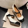 Mary Jane Vysoké podpatky Dámské Letní Francouzské Retro Barevné Sladění Čtvercová Špička Pásek přes nárt Jednoduché Boty Dámské Hrubý Podpatek Malé Kožené Boty