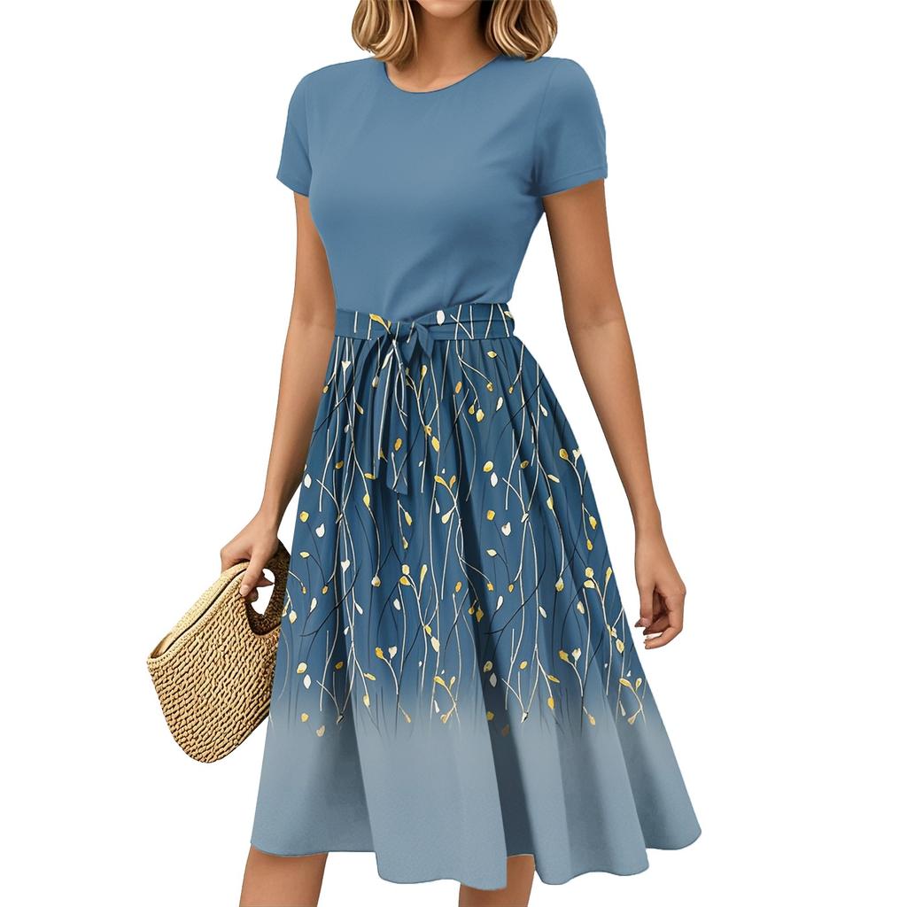 Women's Fashion Casual Belt Short Sleeve Round Neck Geometric Printing Splicing Elegant Temperament Dresses
