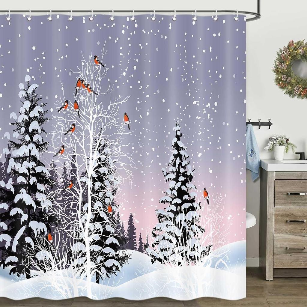 Blue Christmas Shower Curtain, Winter Snowflake Shower Curtains Set with 12 Hooks, Holiday Home Decor Fabric Shower Curtains