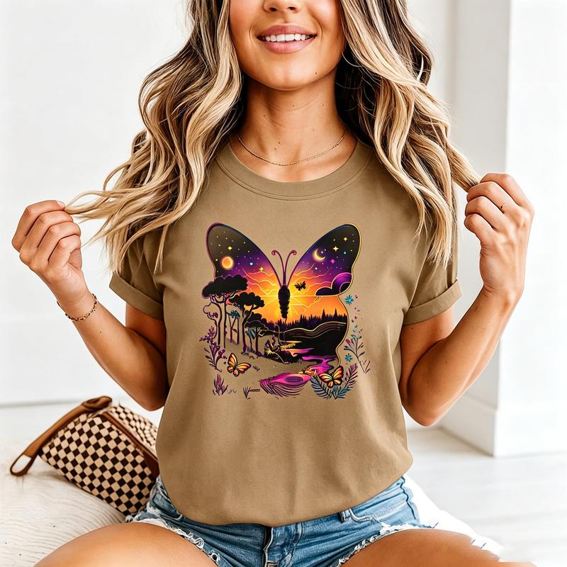 Butterfly Moon Mushroom Print TShirts Unisex Casual Summer Tops Vintage Graphic Tees