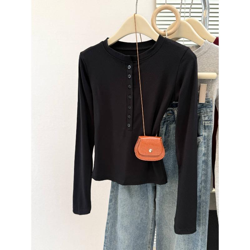Real shot button crew neck long sleeve T-shirt women's early autumn slim fit bottoming shirt sweet spice girl top