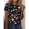 Women's Tee - Colorful Space Cartoon Pattern Graphic, Playful Galaxy Print Design for Casual Daily Wear