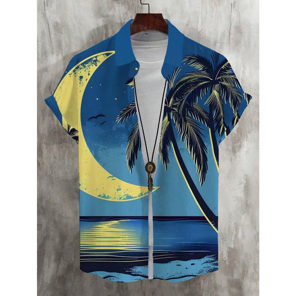 Hawaiian Loose Short Sleeved Shirt, Palm Print Men's Top, Men's Buttons