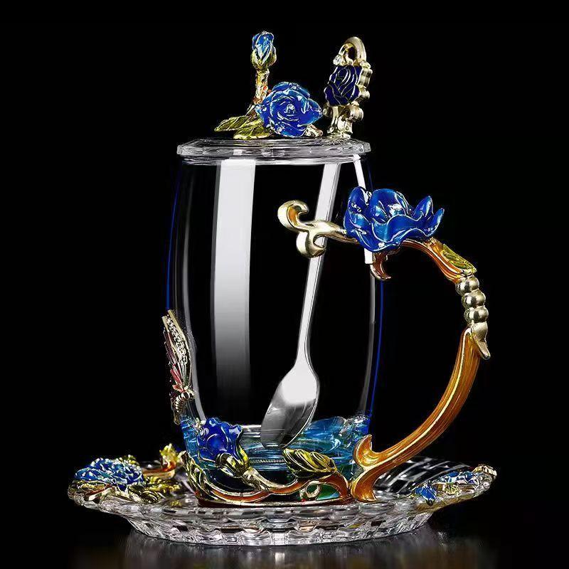 Enamel Transparent Glass Coffee Tea Mug Blue Roses Heat-Resistant Cup Set with Stainless Steel Spoon Coaster and Wipe Cloth