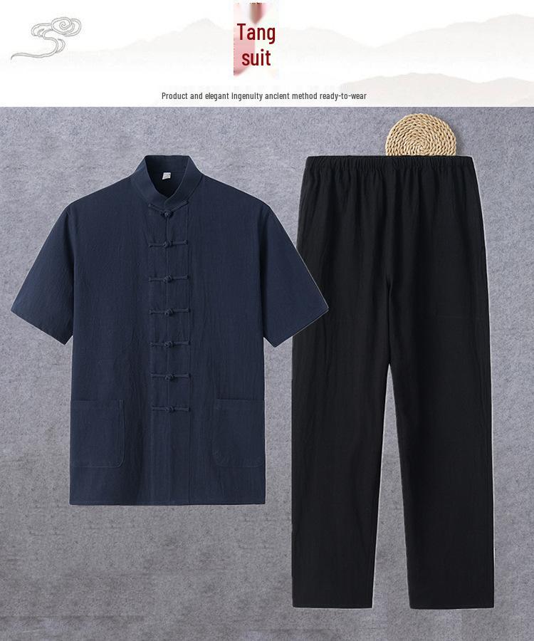 Tang-Anzug aus Baumwolle und Leinen für Herren: Kurzärmlig, Froschverschluss, Chinesischer Stil, Perfekt für Sommer und ältere Männer.