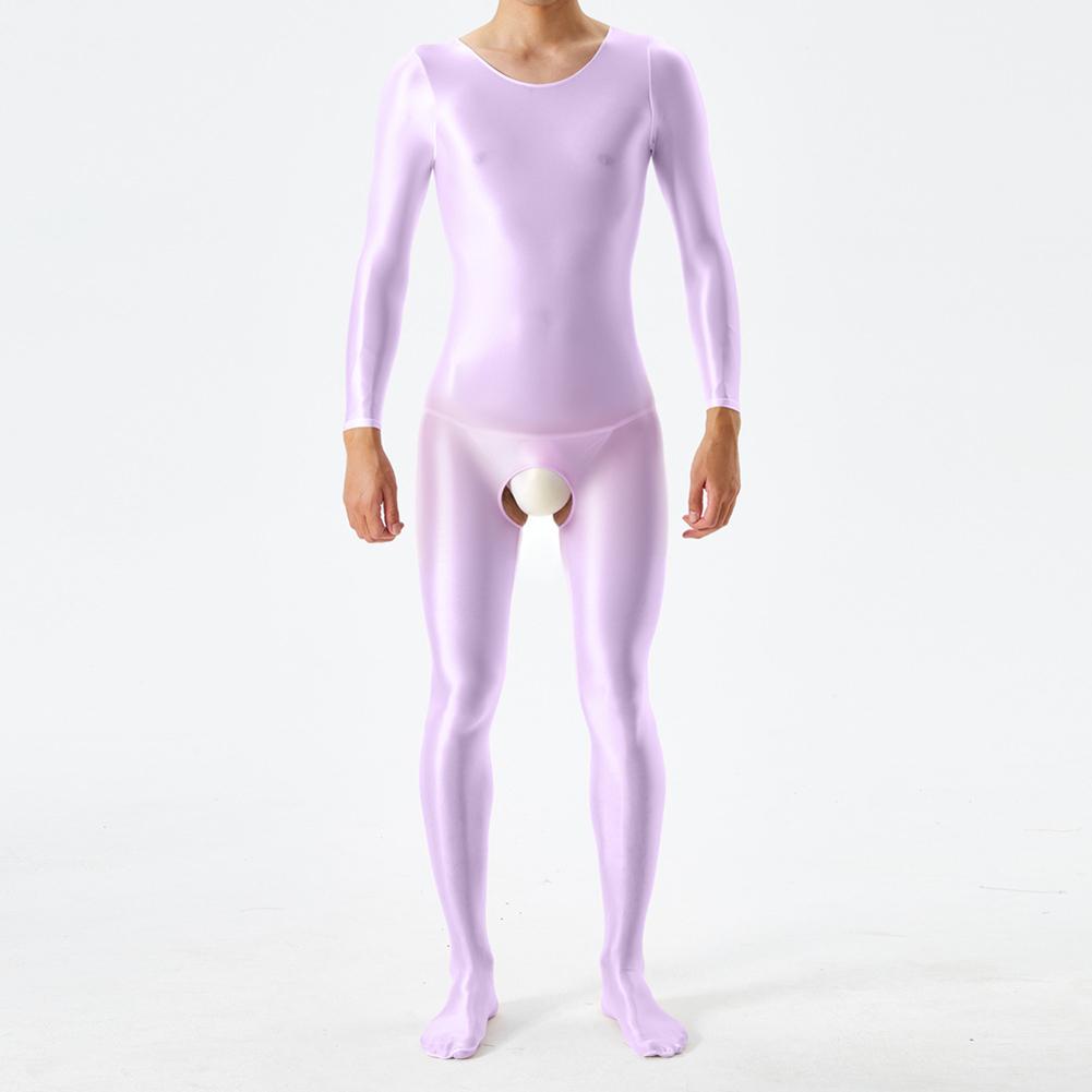 Men Bodystocking Glossy Sheer Open Crotch Long Sleeve Body Jumpsuits Crotchless Transparent Bodysuit Underwear Night Club Wear