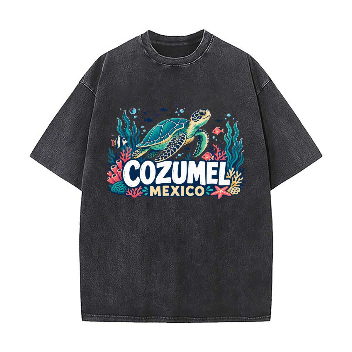 Cozumel Mexico Sea Turtle Adventure Washed Faded Vintage Short Sleeve Fashion Versatile Daily Tee S