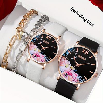 4PCS Set Men's and Women's Couple Watch Fashion Leather Quartz Watch Men's Minimalist Watch Women's Fashion Watch And A  Pair of Love Bracelets