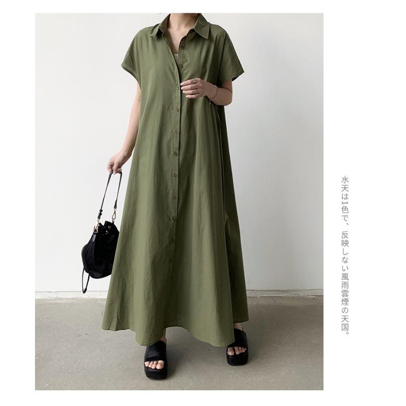 Skirt Short Sleeve Hemp Dress Women Loose Lapel Casual Shirt Dress