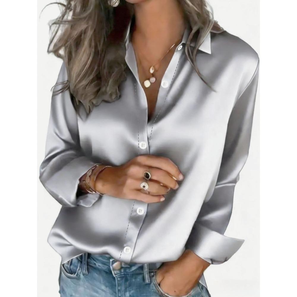 women's Shiny Satin Turn Down Collar Blouse Elegant Long Sleeve Shirt Casual Office Commute Wear Tops