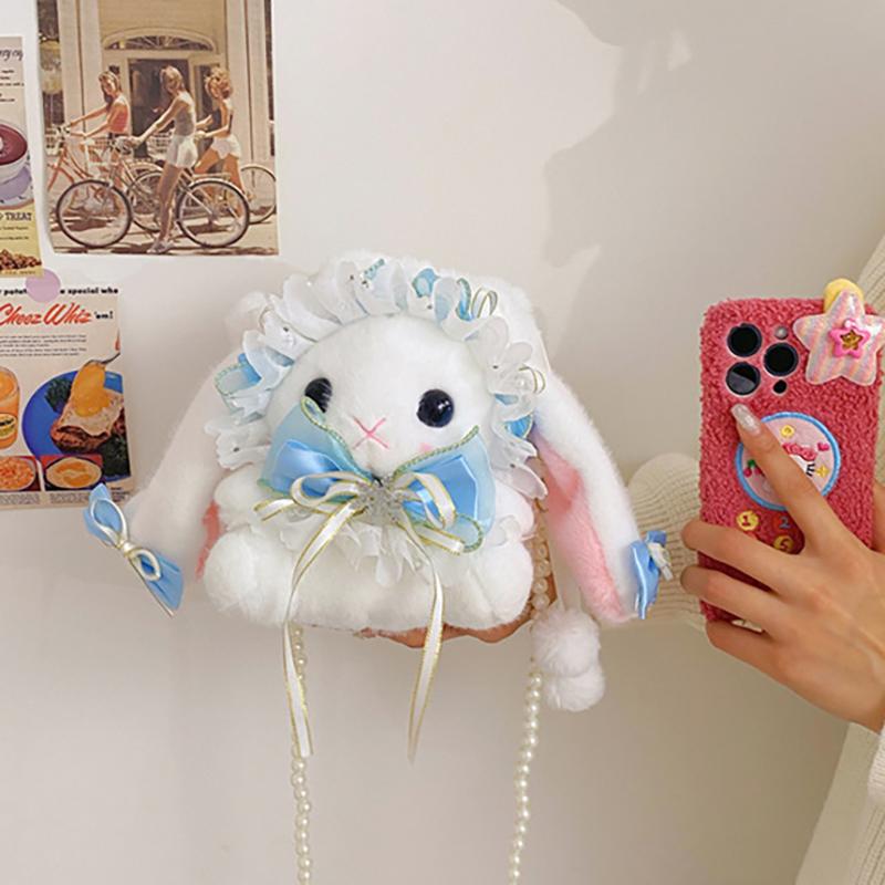 New Cute Bunny Plush Bag Lolita Element Shoulder Bag Kawaii Princess Sweet Pearl Chain Crossbody Bags Long-Eared Rabbit Purse