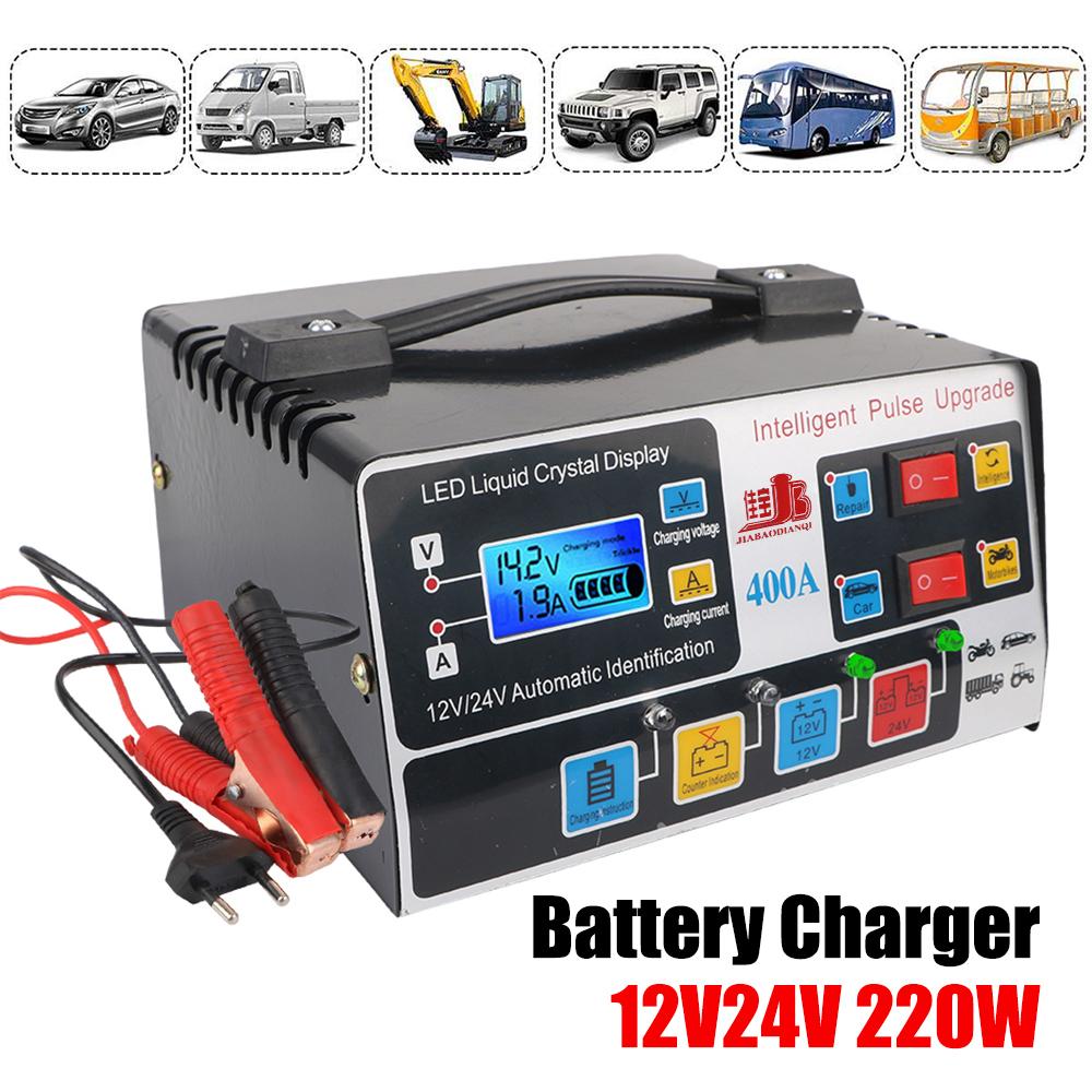 Intelligentes 12V/24V 220W Autobatterieladegerät mit EU-Stecker für SUV, LKW, Boot und Motorrad. Leistungsstarke Impulsreparatur mit LCD-Display und vollautomatischer Funktion.