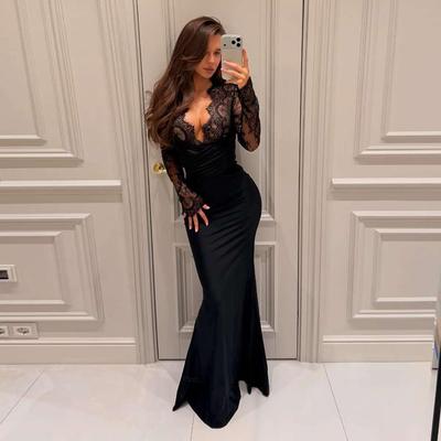 2026 Spring Elegant European-Style Lace Patchwork Deep V-Neck Slim Fit Long Sleeve Dress for Women