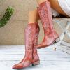 Damen-Cowboy-Stiefel 2026 Herbst Stickerei Klobiger Absatz PU-Leder Knielang Langer Schaftstiefel Spitze Mittlerer Absatz Botas Mujer