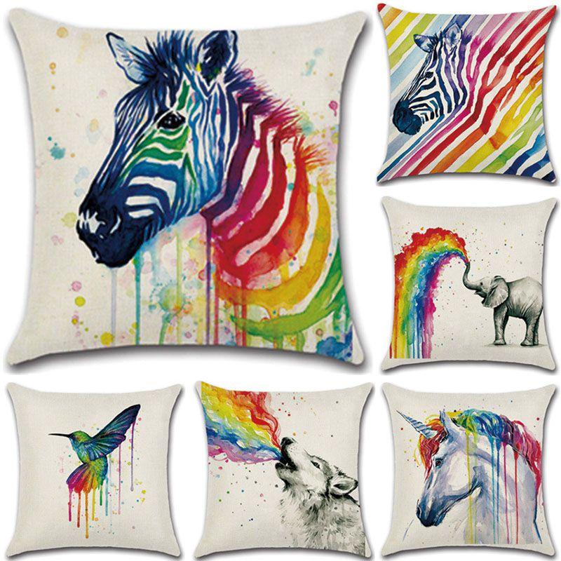 Versatile Cotton Linen Cushion Cover Featuring Cartoon Rainbow Animals For Stylish Decoration