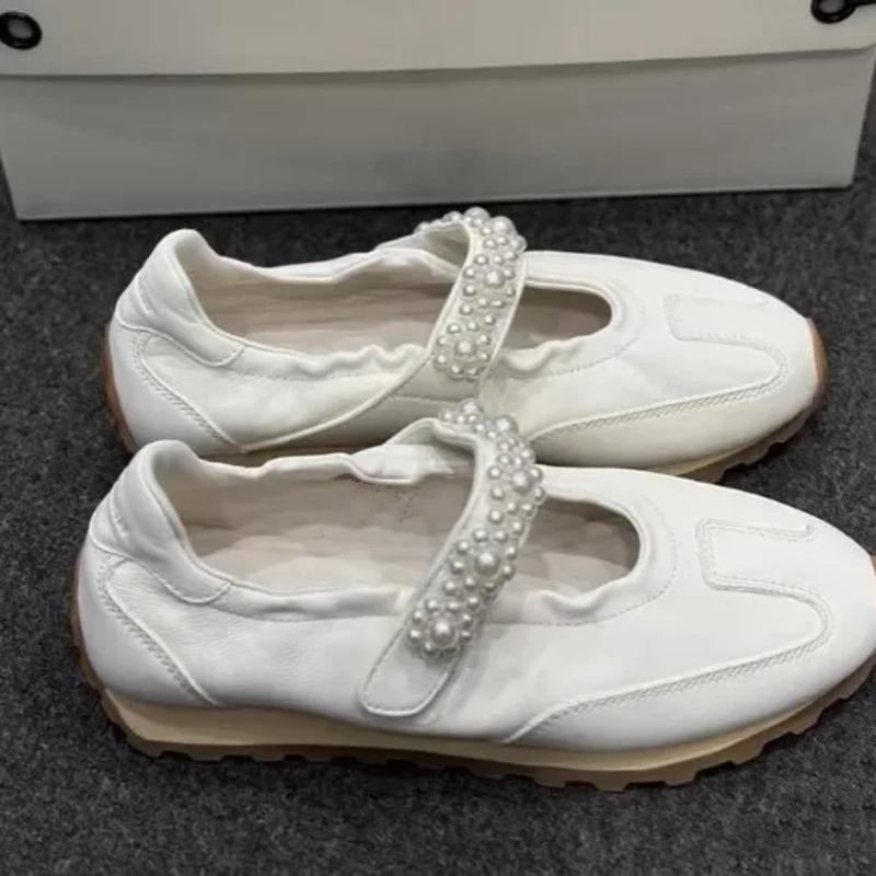 Fashion Retro Pearl Mary Jane Ballet Flat Shoes Women's Spring Autumn New Style Sports Casual Leather Dequanyi Rubber Bottom