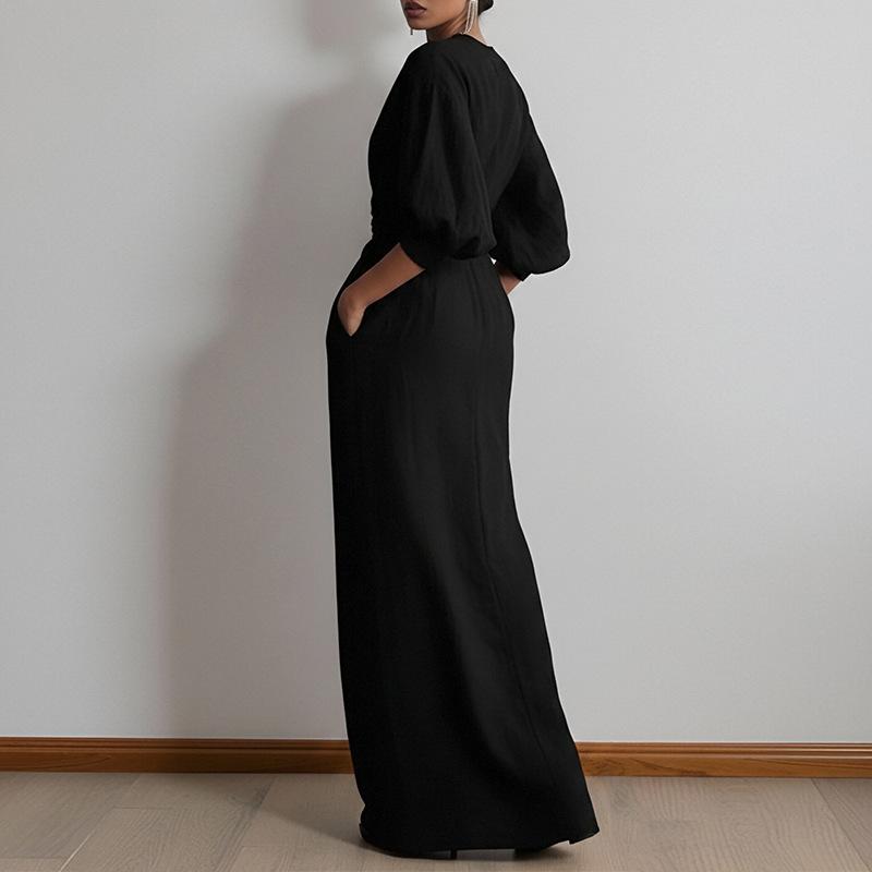 Abito Maxi da Donna Scollo a V Manica a Tre Quarti Vestibilità Aderente Vita Alta Elegante Monocolore Wrap Maxi Dress