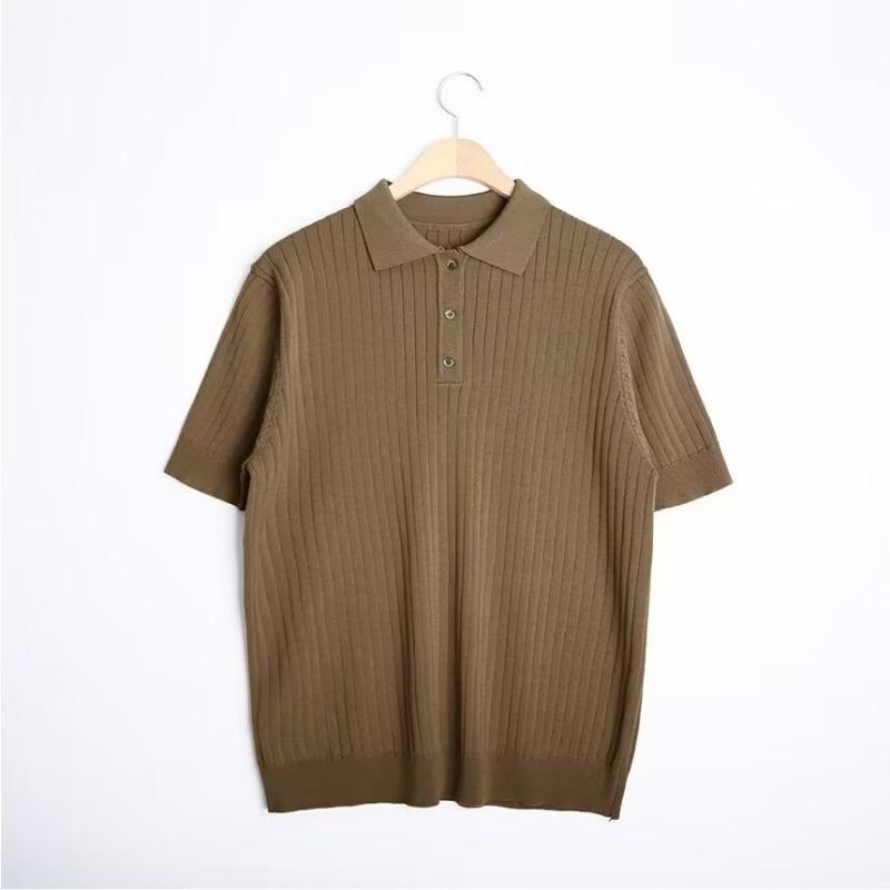 Summer Vintage Polo-neck Knitting Pullover Top Male Short Sleeve Solid Color Tee Men Casual Fashion T-shirt