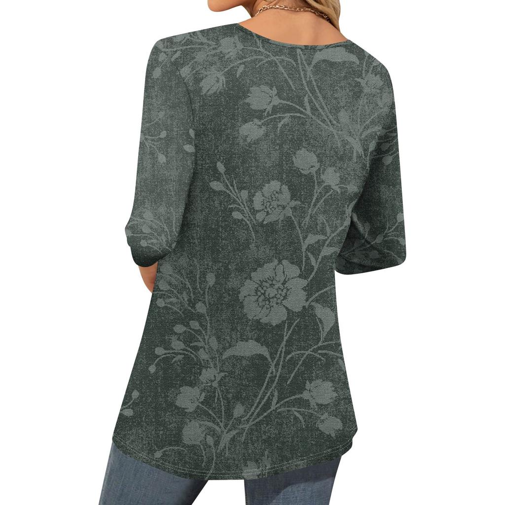 Women's Fashion Casual Three-quarter Sleeve Printed Round Neck Top