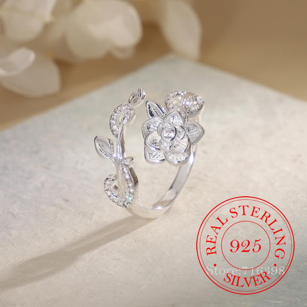 

925 Sterling Silver Jewelry Zircon Crystal Rose Flower Finger Rings for Women Wedding Party Jewelry for Girls Friend Gift resizable