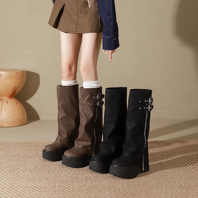 

Мелард Сапоги на толстой подошве: 2024 Осень и Зима Новые Женские Маленькие и Большие Размеры Широкий Голенище Ботинки на Платформе. 39