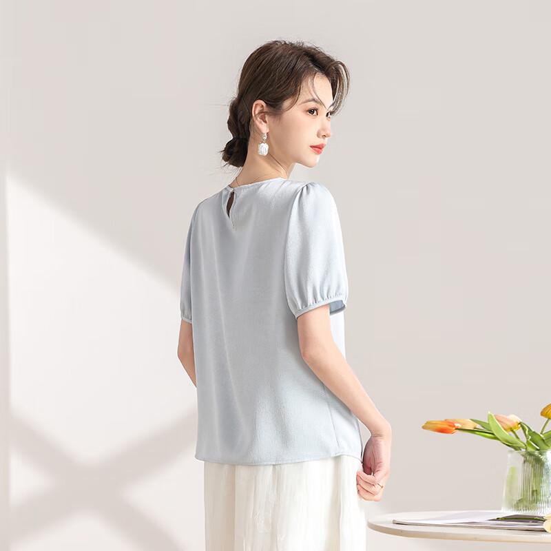 Qianbainian Women's Elegant Loose Fit Puff-Sleeve T-Shirt
