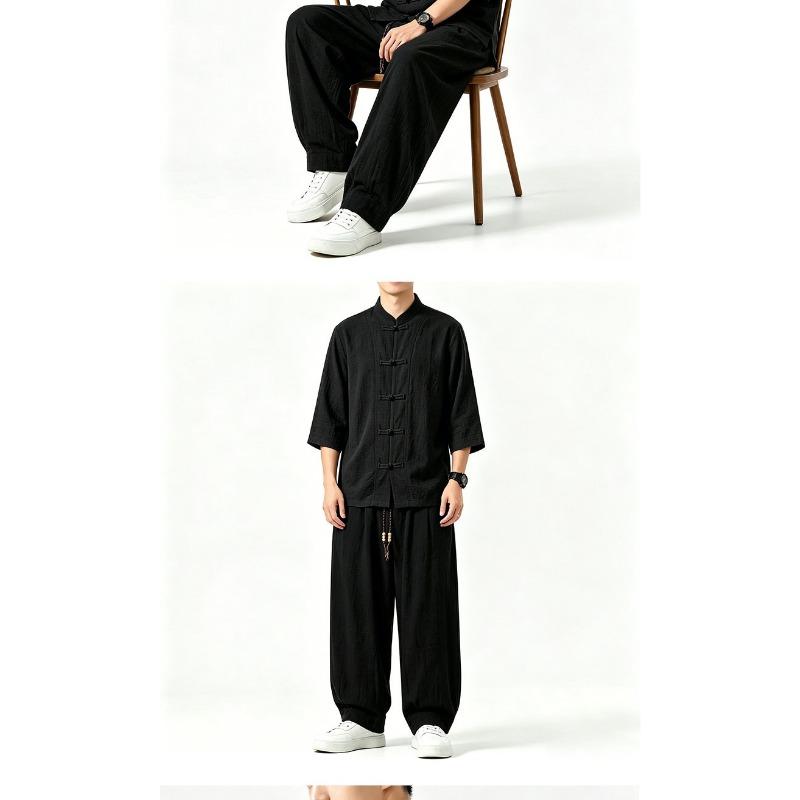 Men Chinese Style Retro Stand Collar Shirt And Pants Casual Two Piece Set