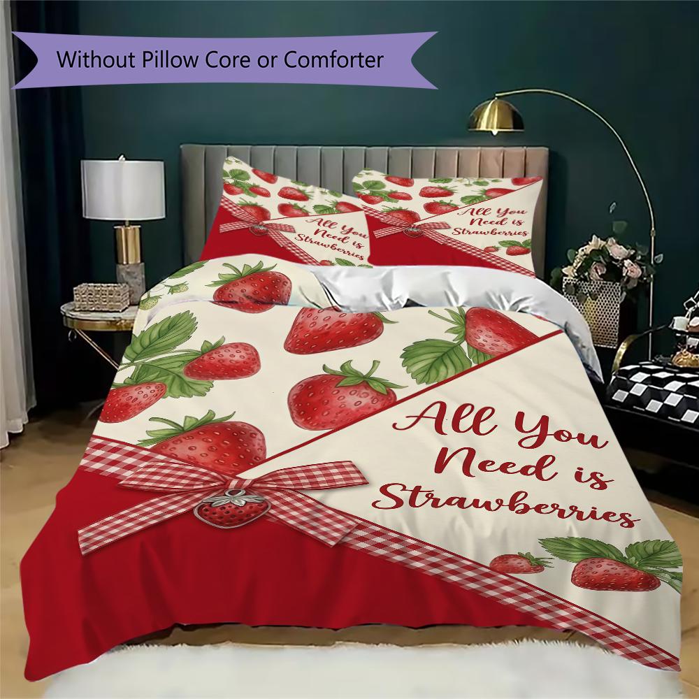 Strawberry and Love Pattern Bedding uilt Set uilt Cover Pillowcase Home Decoration Birthday Gift (1 * duvet cover + 2 * pillowcase without core)