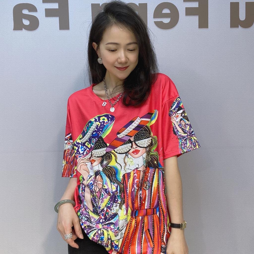 Plus Size Colorful Pattern Printed Diamonds Beading Tees for Women Summer Thin Clothes O Neck Short Sleeve Casual Loose T Shirts