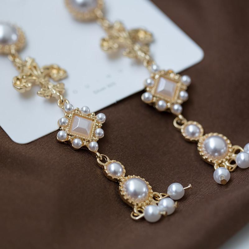 S925 sterling silver needle court style vintage earrings - french pearl long drop earrings & ear clips