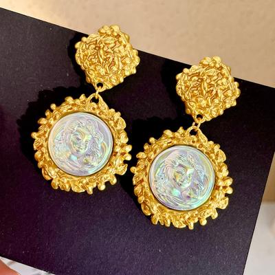 Embossed Pearl Ancient Coin Shape Earrings Middle-aged Jewelry Retro Personality Hundred Earrings Accessories