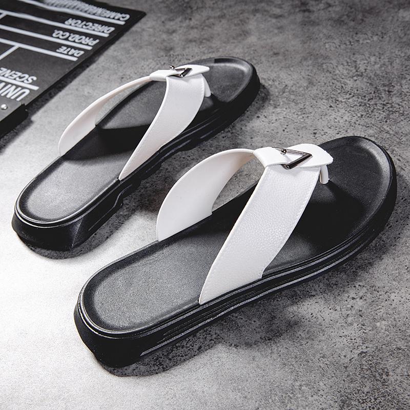 Fashion Men Flip-flops Leather Lightweight Slippers Summer Casual Beach Sandals Male Flat Non-Slip Comfort Classic Black Slides
