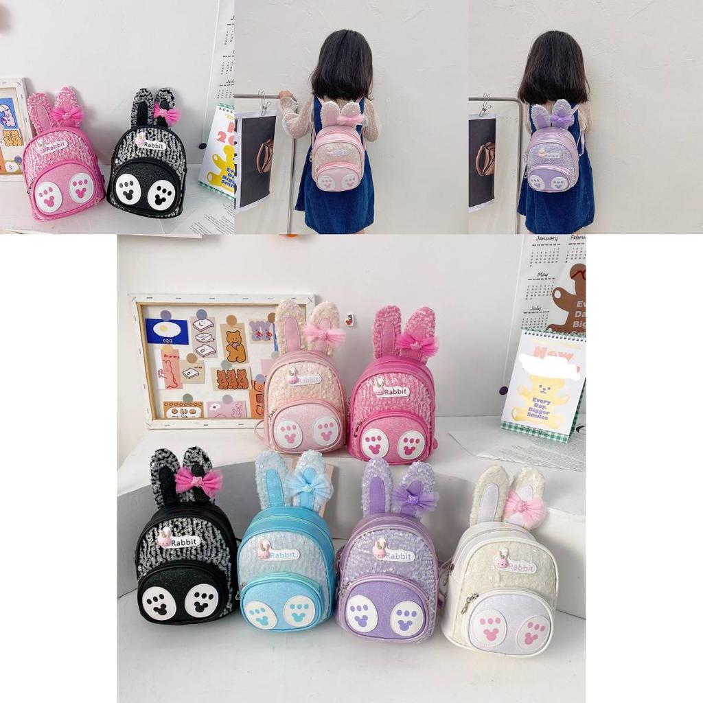 Adorable Bunny Ear Cartoon Kids Backpack Stylish Korean Design Sequin Pu Material