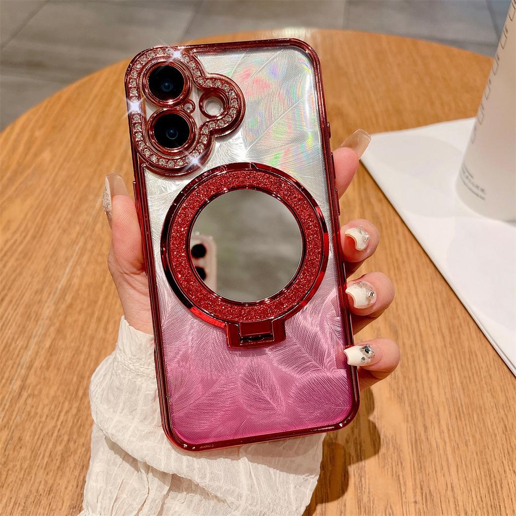 Applicable To IPhone16promax Rhinestone Mirror Magnetic Suction Bracket Mobile Phone Case Apple 13/14/15 Protective Case