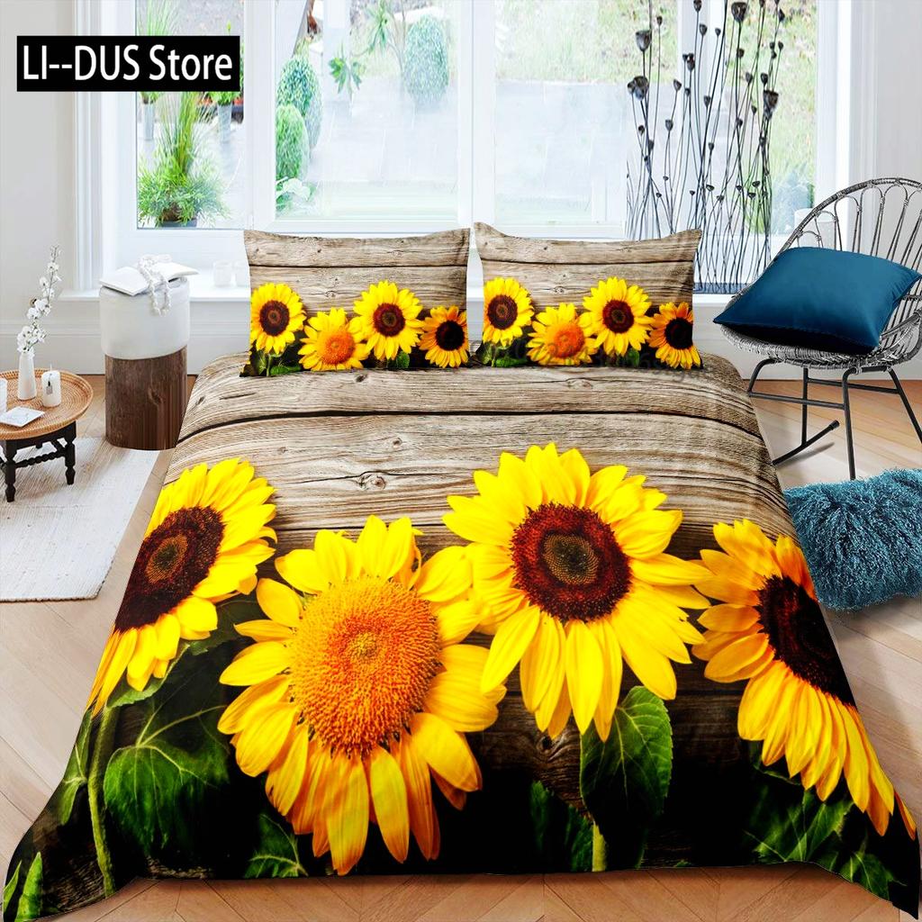 Yellow Sunflower Comforter Set Butterfly Bedding Set for Kids Girls Teens WomenCountry Floral Quilt Duvet Sets 2 Pillow Cases