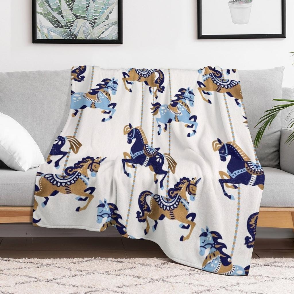 Carousel Horses A?? Copper Blue Throw Blanket Flannel Fleece Soft Warm Throw Blanket