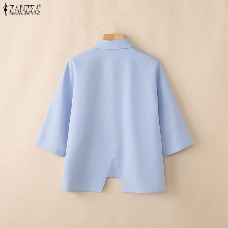 ZANZEA Women Casual Turn Down Collar Solid Color Loose Half Sleeve Blouse