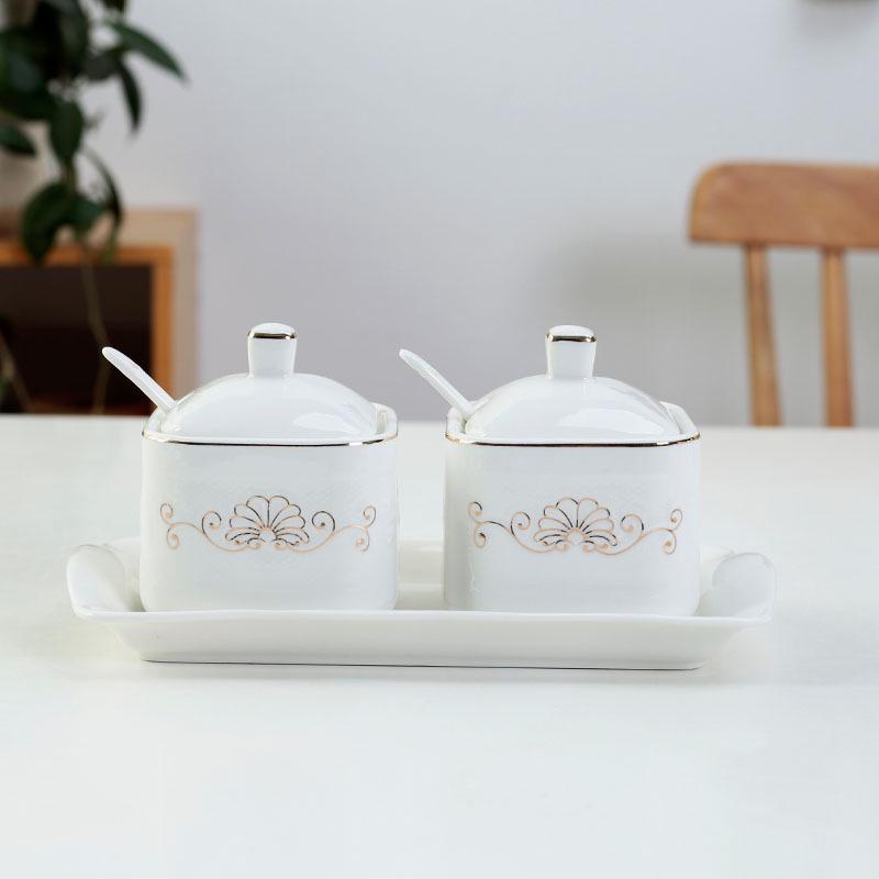 Lotus Ceramic Condiment Jar Set for Salt, Sugar, Soy Sauce, and Vinegar